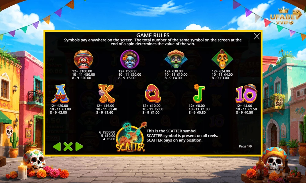 สัญลักษณ์และอัตราจ่ายรางวัลในเกม-Skeleton-Bombs-Pragmatic-Play