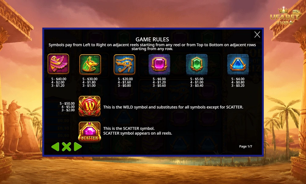 สัญลักษณ์และอัตราจ่ายรางวัลในเกม--Gods-of-Giza-Pragmatic-Play